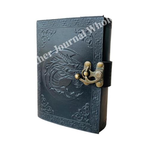 Dragon DND Vintage Leather Book of Spells Celtic Wiccan Journals for Writing Black Handmade Deckle Art Paper Planner Diary